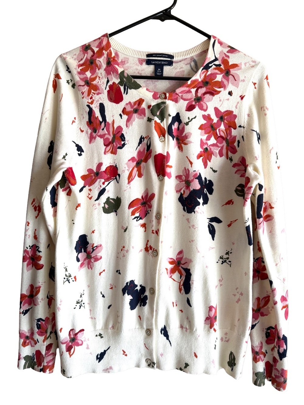 Lands’ End Cardigan Sweater Cotton Floral Cream Pink Black Fine Gauge Women’s M